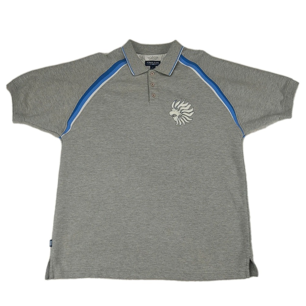 Koman Jeans Men Large Gray Polo Shirt Lion Graphic Short Sleeve Striped Shoulder